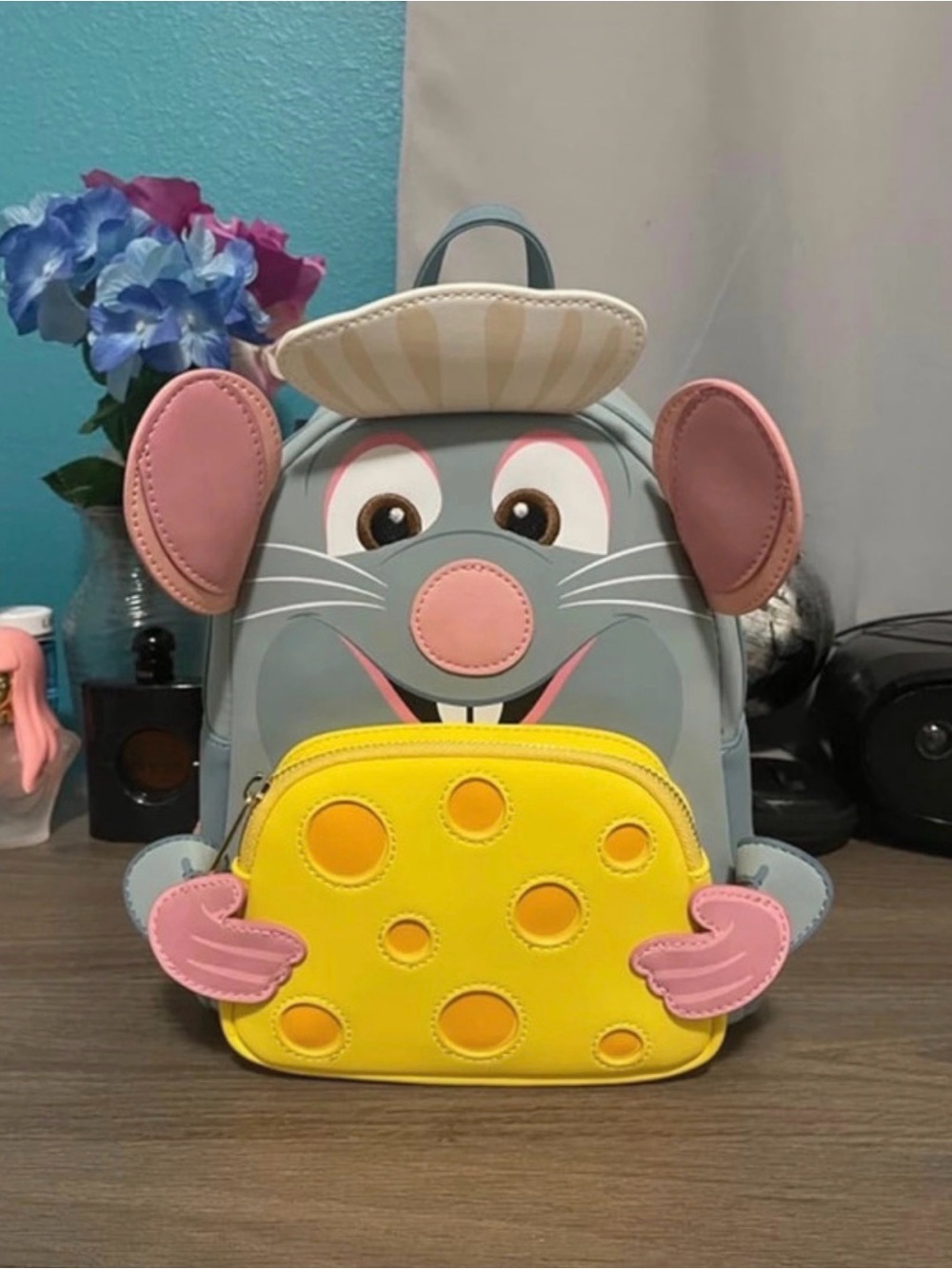 Loungefly Gray Mouse Mini Backpack with Pink Ears and Yellow Cheese Pocket
